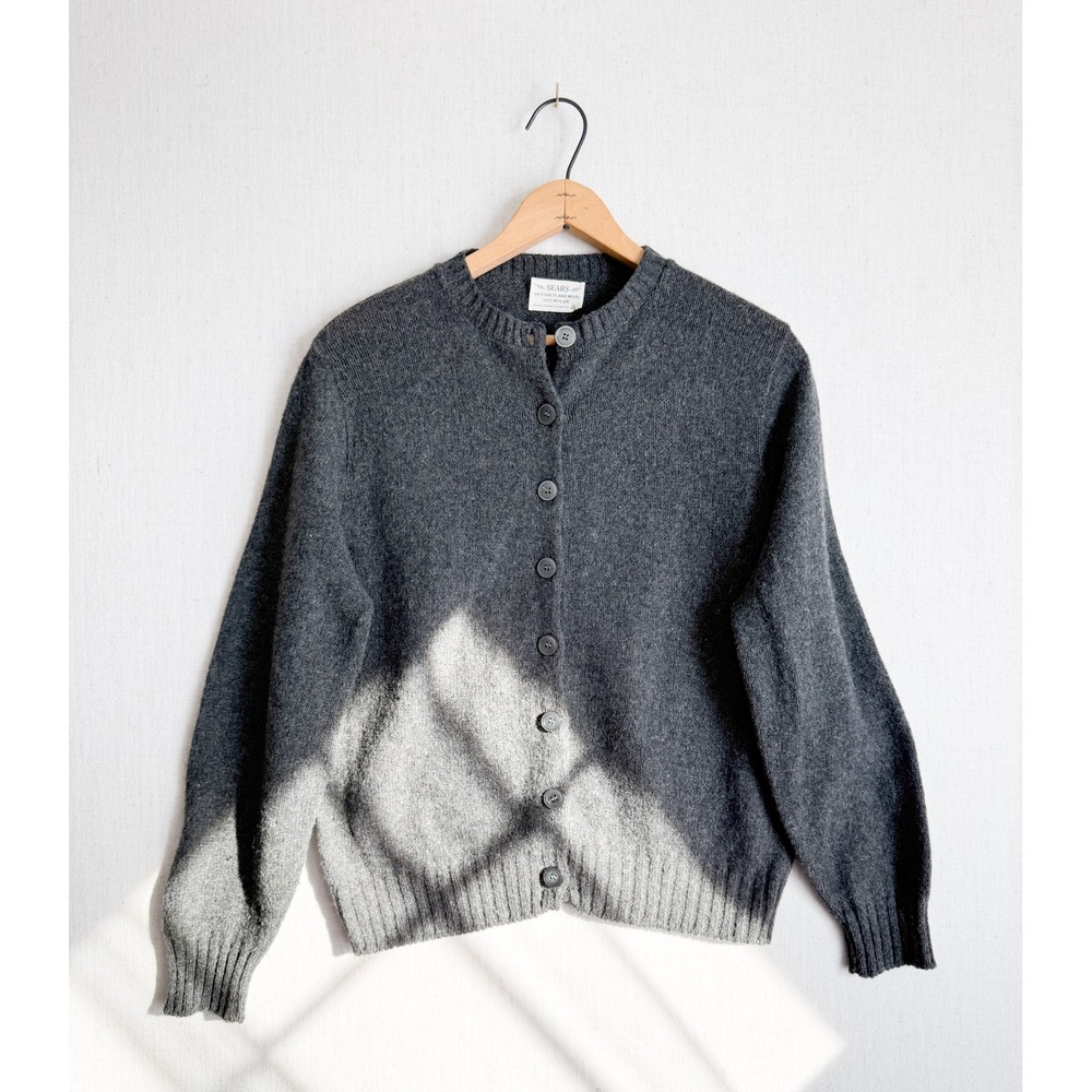 Vintage Sears Shetland Wool Cardigan Sweater Charcoal Gray Button Front Womens